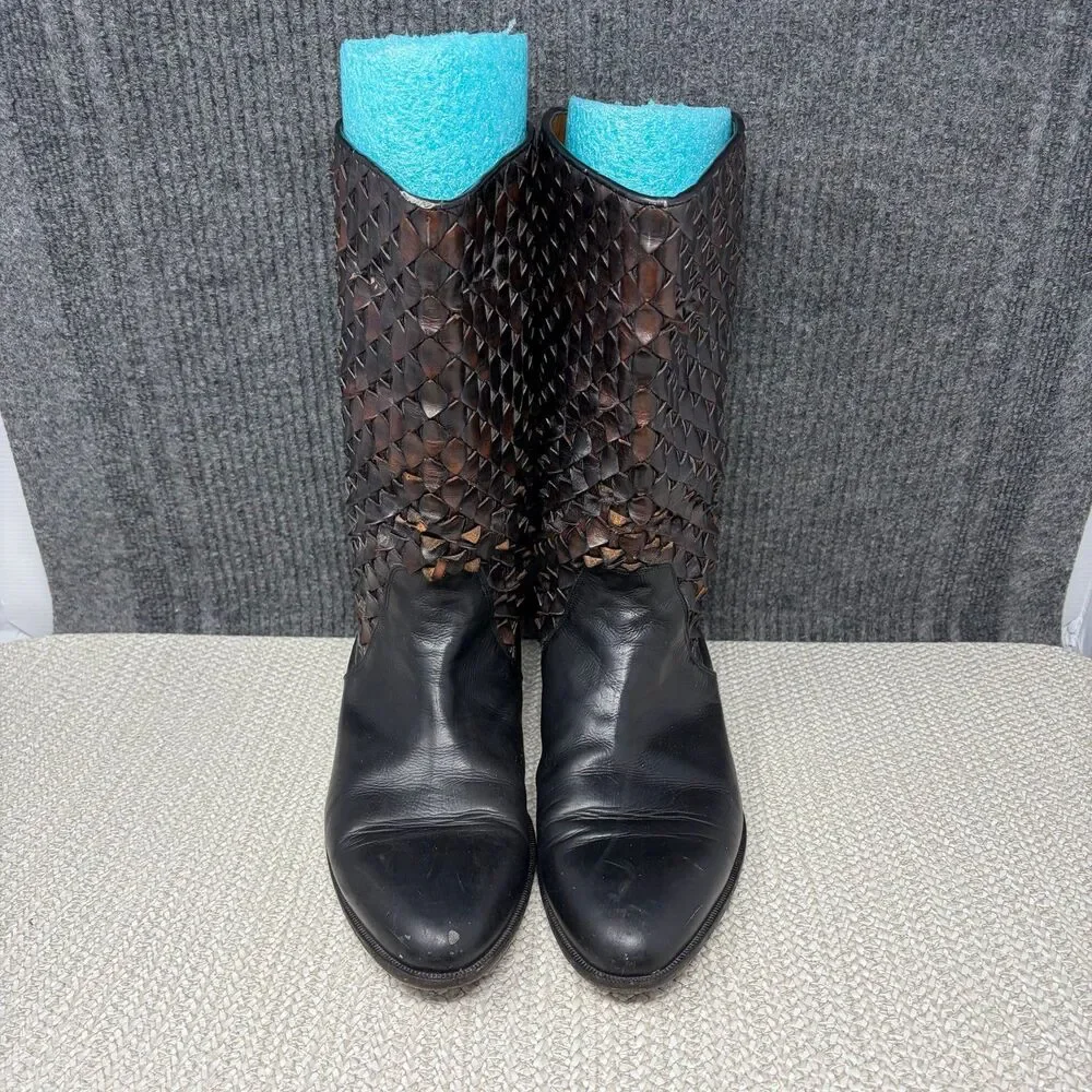 Lorenzo Banfi Woven Mid Calf Leather Boots Black Brown Italy Mens 12